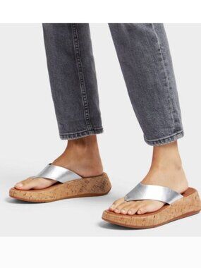 FitFlop F-Mode Silver Leather Cork Flatform Toe-Post Sandals Women's Size 10
